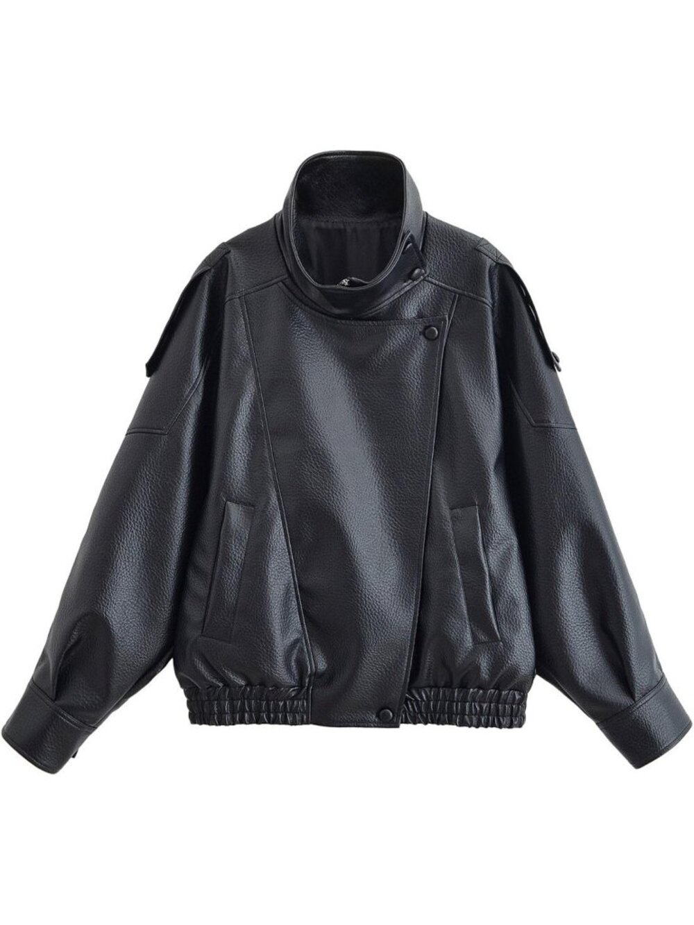 Women’s Black Oversized Faux Leather Jacket Casual High Collar Long Sleeve